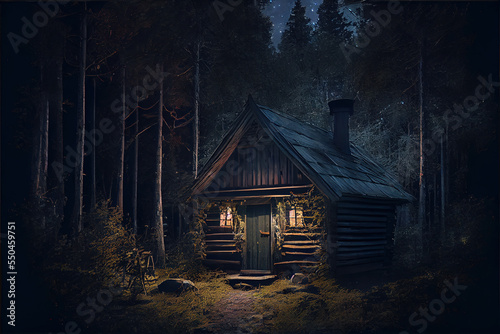 Mattepainting background shed in the forest heroic fantasy witchy video game night