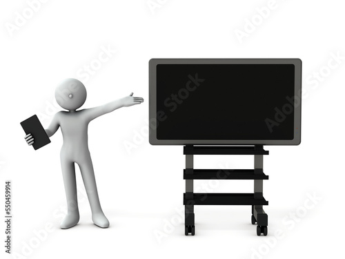 大型ディスプレイの横で、プレゼンテーションするビジネスマン。