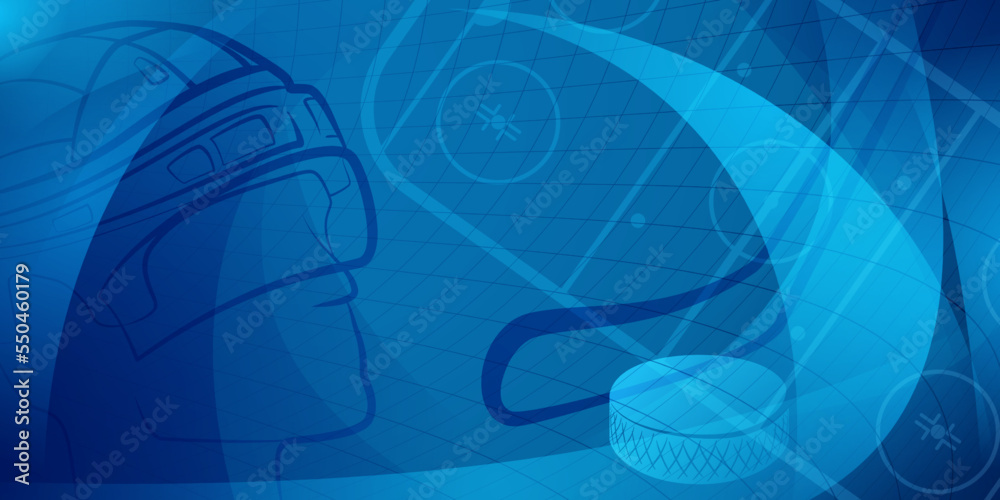 Abstract background in blue colors with different hockey symbols such as puck, stick, helmet, ice rink Abstract background in blue colors with different hockey symbols such as puck, stick, helmet, ice rink
