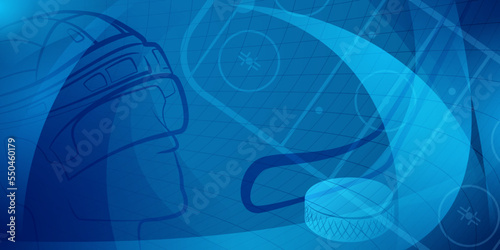 Abstract background in blue colors with different hockey symbols such as puck, stick, helmet, ice rink