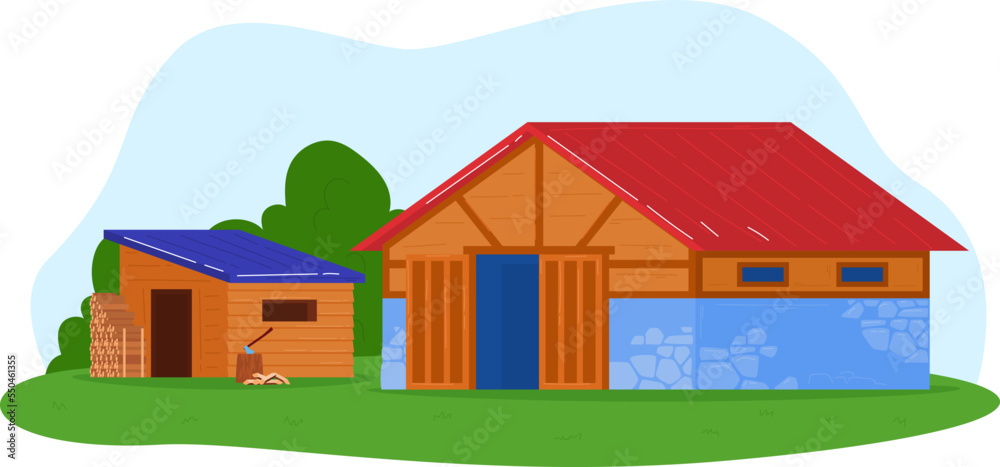 Farm building, agriculture farming landscape, isolated on white vector illustration. Rural barn, outdoor red village storage background.