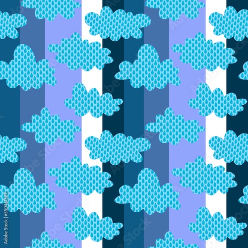 Cartoon rain drops and rainbow and clouds seamless pattern for wrapping paper and linens and fabrics and kids