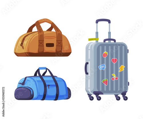 Travel Suitcase with Wheels and Bag with Handle as Packed Luggage for Traveling Vector Set