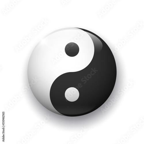Realistic glossy button with yin yang symbol. 3d vector element with shadow underneath. Best for mobile apps, UI and web design.