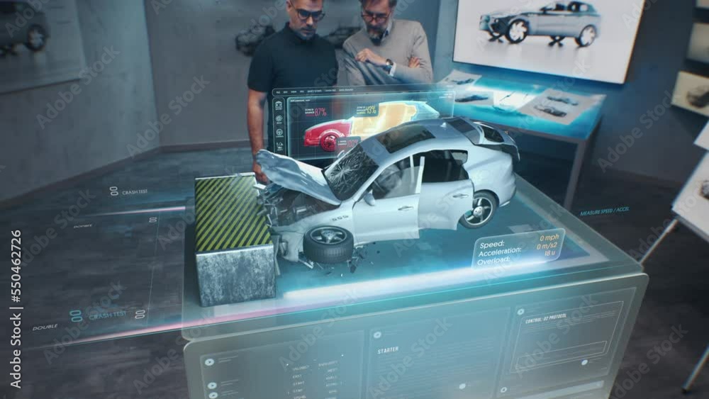 Two engineers Developers standing in design studio near futuristic holographic table and make a test in a 3d car crash test simulator, which simulates a road accident check the safety Two engineers Developers standing in design studio near futuristic holographic table and make a test in a 3d car crash test simulator, which simulates a road accident check the safety