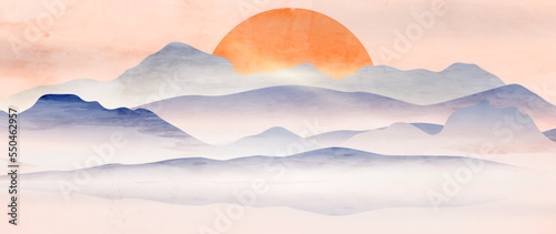 Abstract watercolor art background with mountains and hills at sunset or dawn in oriental style. Landscape banner for decoration, print, textile, interior design.