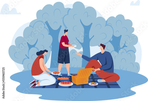 Family people character at picnic, vector illustration. Woman man at summer together, person eat food and have cartoon leisure.