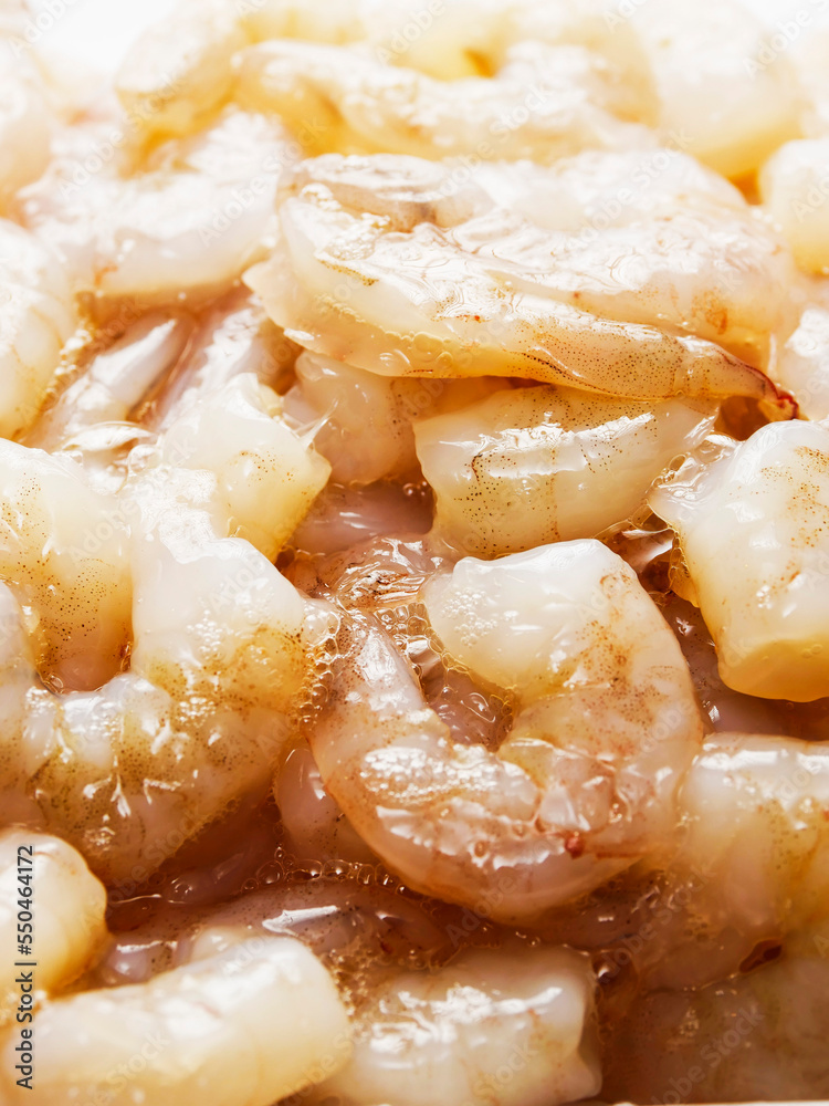 Close up of uncooked, raw prawn or shrimp. High quality seafood product.
