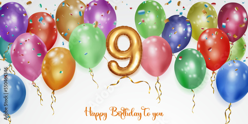 Festive birthday illustration with colored helium balloons, big number 9 golden foil balloon, flying shiny pieces of serpentine and inscription Happy Birthday on white background