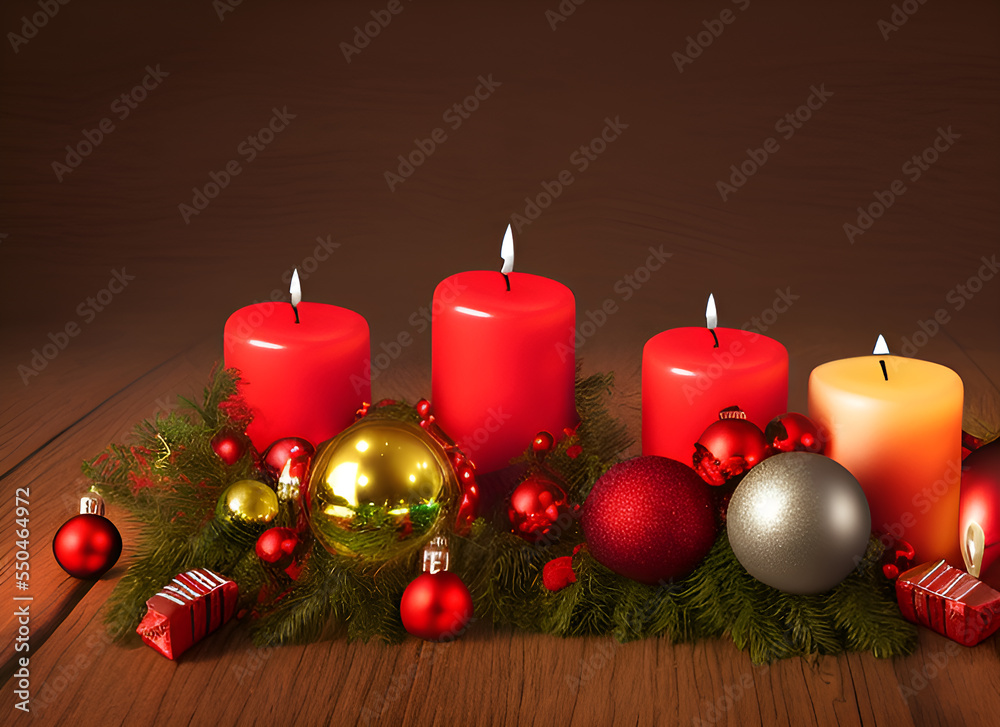 christmas decoration with red candles and christmas spheres.
