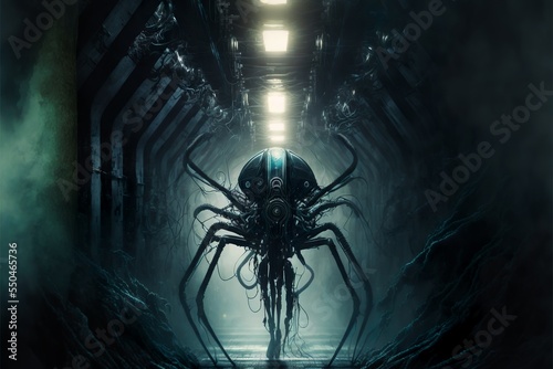 Obraz na płótnie Mechanical robot spider sci-fi monster in underground city