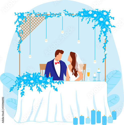 Bride and groom table, wedding celebration design, vector illustration. Romantic decoration for love marrige event. Happy flat married people