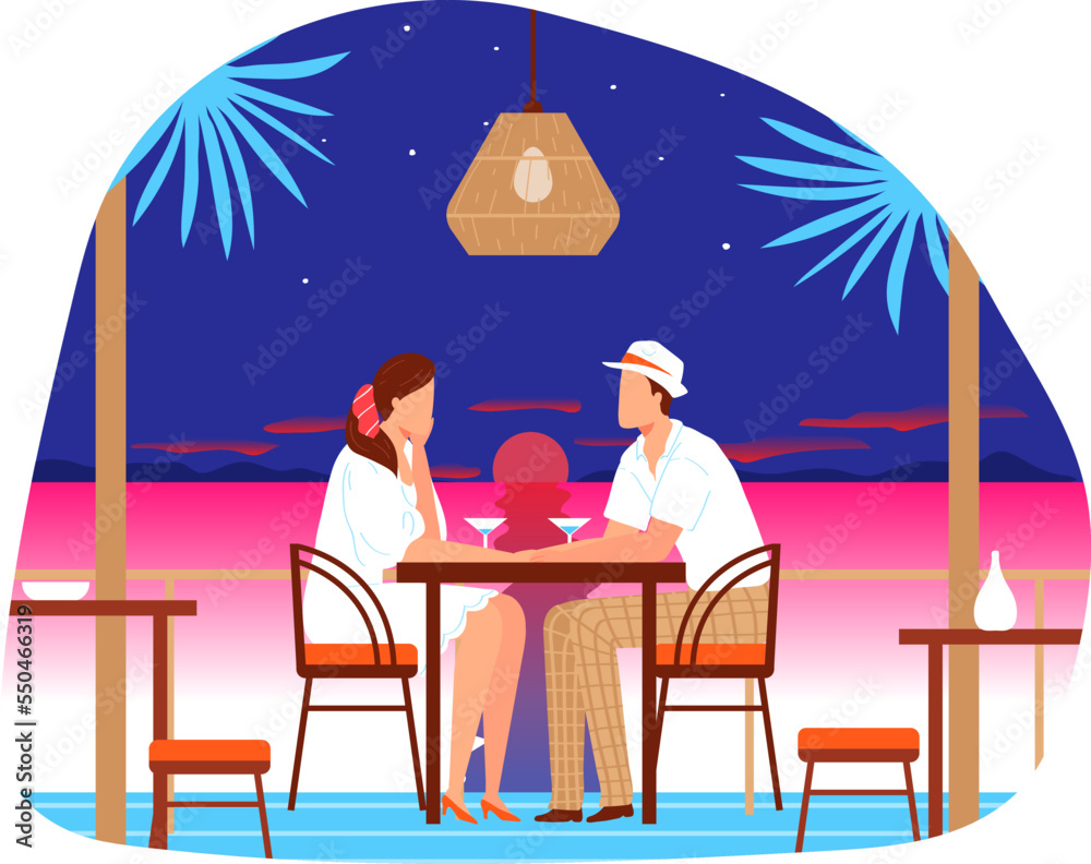 Couple man woman at love date, restaurant dinner at sunset, vector illustration. Romantic summer outdoor meeting, dating in cafe together.