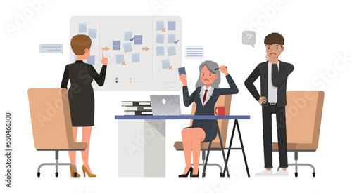 Business strategy concept. Office man and woman character vector design. Business people working in office planning, thinking and economic analysis on isolated white background.