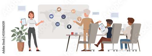 Business strategy concept. Office man and woman character vector design. Business people working in office planning, thinking and economic analysis on isolated white background.
