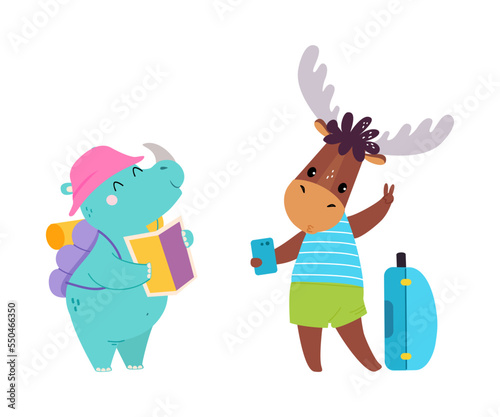 Cute Elk and Rhino Traveler with Smartphone and Suitcase Having Journey on Vacation Vector Set
