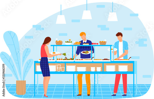 Canteen lunch food for people character, vector illustration. Cafe business interior, woman man take meal, drink at dining counter.