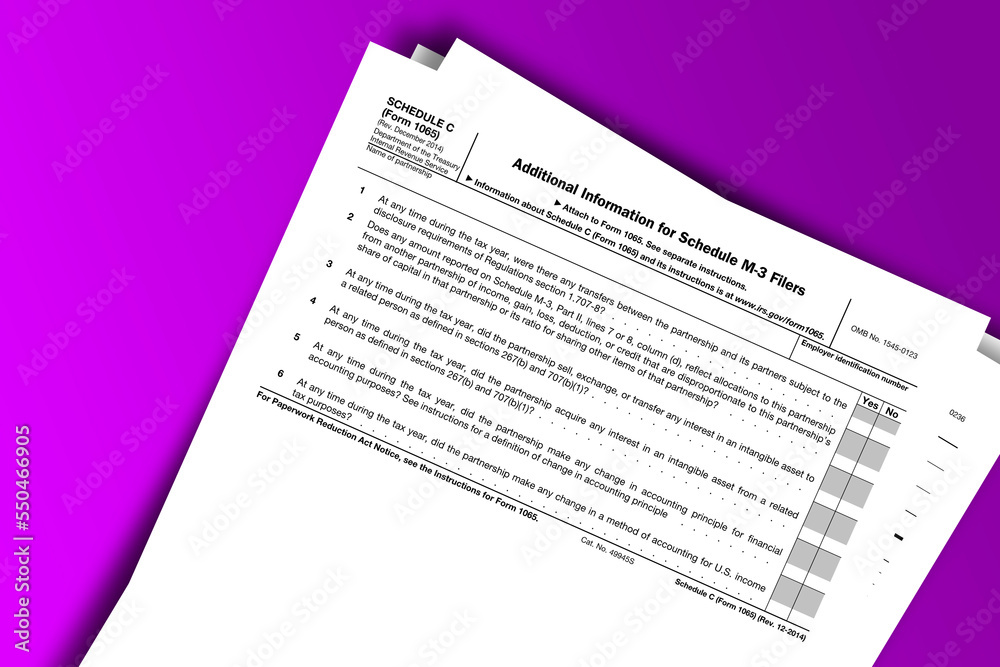 Naklejka premium Form 1065 (Schedule C) documentation published IRS USA 41709. American tax document on colored