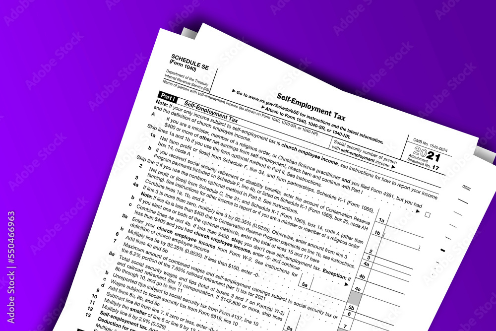 Form 1040 (Schedule SE) documentation published IRS USA 10.25.2021. American tax document on colored Form 1040 (Schedule SE) documentation published IRS USA 10.25.2021. American tax document on colored