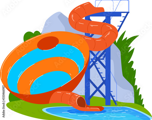 Advertise sign object with marine life, summer aquapark vector illustration. Letters at sign, water park symbol with tropical palm tree