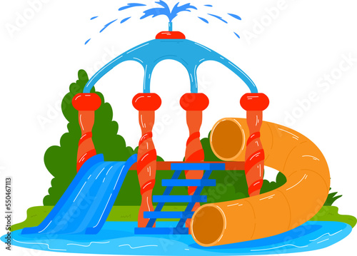Advertise sign object with marine life, summer aquapark vector illustration. Letters at sign, water park symbol with tropical palm tree