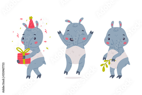 Cute Grey Tapir Animal with Proboscis Holding Gift Box and Jumping Vector Set