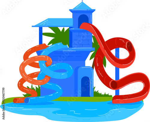 Castle slide, fun activity in outdoor water park vector illustration. Cartoon summer holiday leisure, pool design for play. Recreation at aquapark