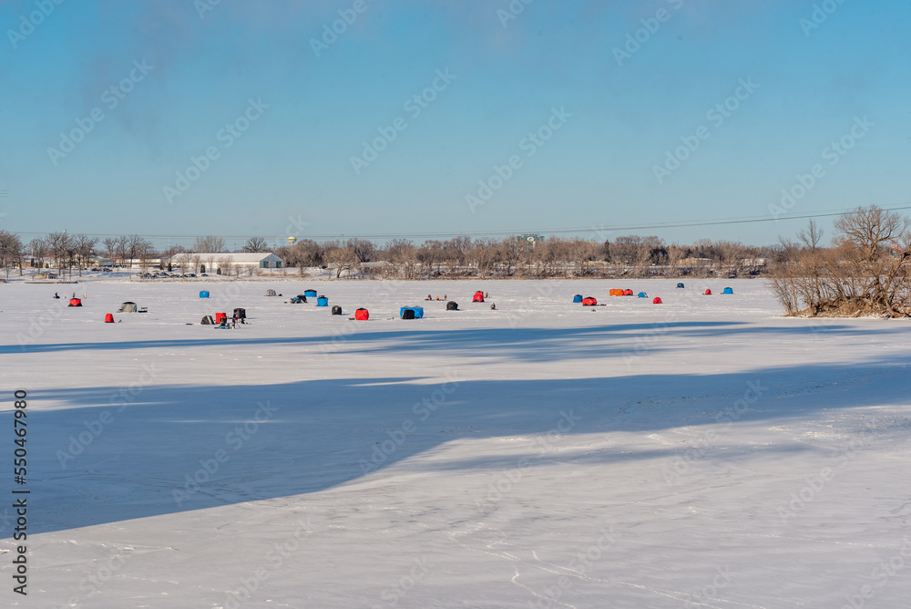 Ice Fishing On The River In January In Wisconsin