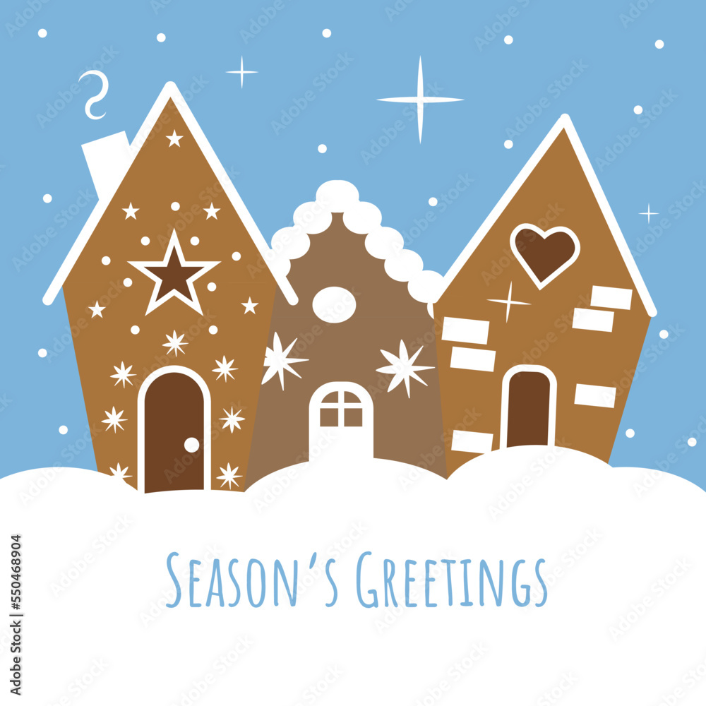 Merry Christmas and Happy New Year Season's Greetings design for postcards, posters, banners, web-design, etc. Gingerbread houses, winter holidays.