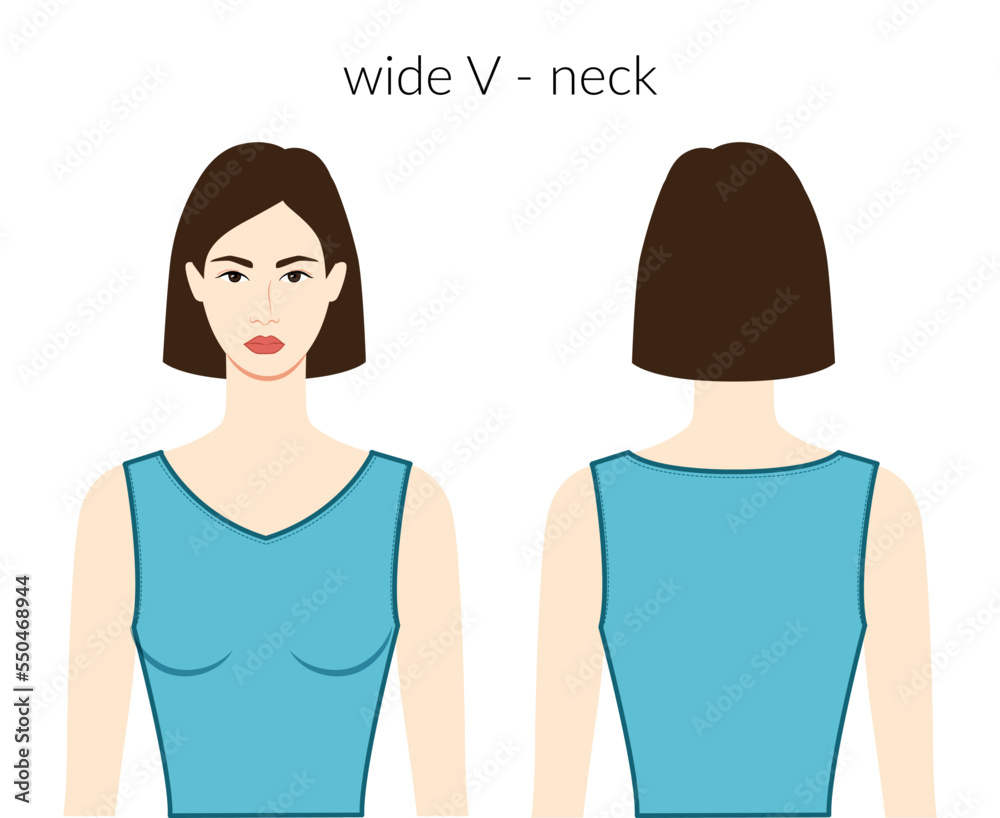 Wide V - neckline clothes character beautiful lady in blue top, shirt, dress technical fashion illustration with fitted body. Flat apparel template front, back sides. Women, men unisex CAD mockup Wide V - neckline clothes character beautiful lady in blue top, shirt, dress technical fashion illustration with fitted body. Flat apparel template front, back sides. Women, men unisex CAD mockup