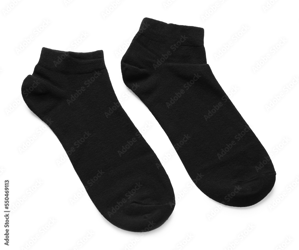 Pair of black socks on white background, top view Pair of black socks on white background, top view