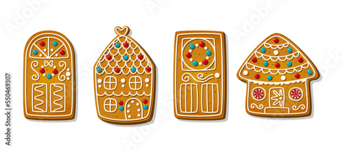 Christmas gingerbread cookies in cartoon style isolated on white background. Sweet biscuits in shape of festive doors with wreath and house. Traditional baked cakes and crackers. Vector illustration