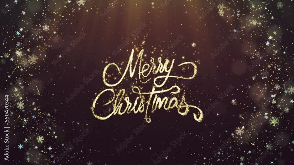 Merry Christmas golden particle text with snow on a dark background.
