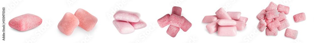 Set with different tasty chewing gums on white background. Banner design Set with different tasty chewing gums on white background. Banner design