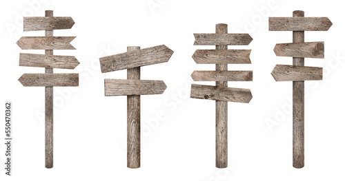 Empty wooden road signs on white background