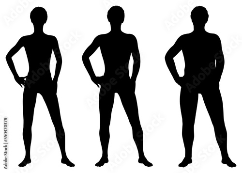 男性の体型比較シルエットイラスト 痩せ型・標準体型・体格の違いを示した全身セット
