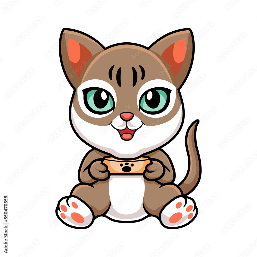 Cute singapura cat cartoon holding food bowl