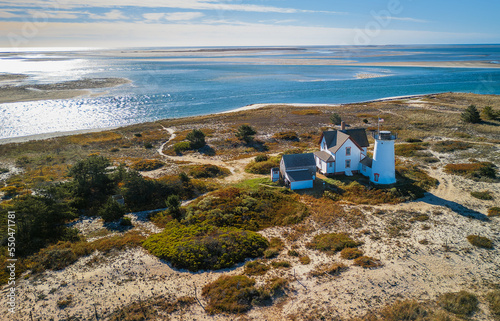 Aerial photo of lighthouse and on dunes of Cape Cod