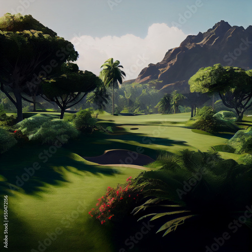 Fantasy Golf Course - Hawaiian Paradise Hawaii - Beautiful Lush Green foliage and freeway with muntains and sky