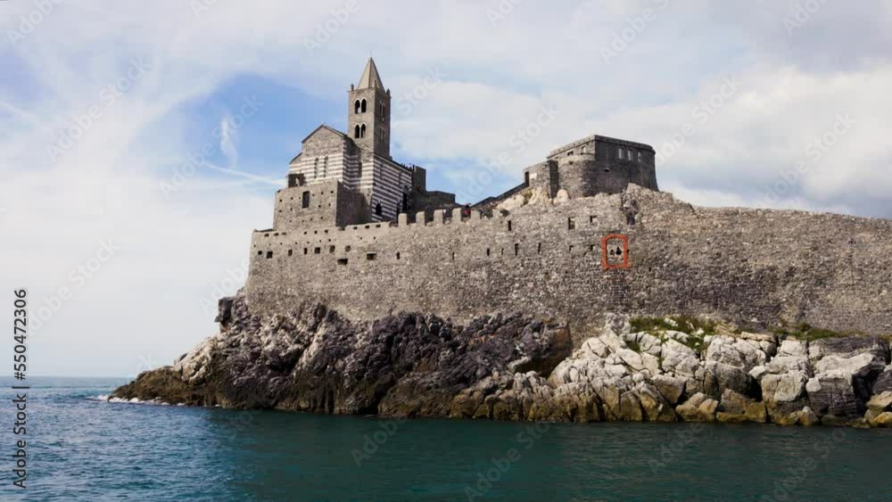 Famous historic Church of Saint Peter (Chiesa di San Pietro) on a rocky point in Porto Venere, Liguria, Italy. High quality 4k footage was made from the sea. Famous historic Church of Saint Peter (Chiesa di San Pietro) on a rocky point in Porto Venere, Liguria, Italy. High quality 4k footage was made from the sea.