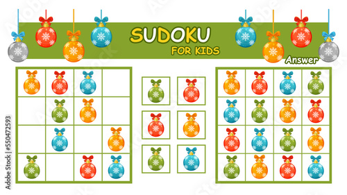 Sudoku Christmas children game with New Year balls toys for tree decoration. Kid logical education puzzle. Find missing holiday glass decorative baubles with snowflake. Preschool learning task. Vector
