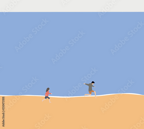 Boy and girl running on the beach during summer holidays. Recreation activities. Happy family travel and vacations concept.