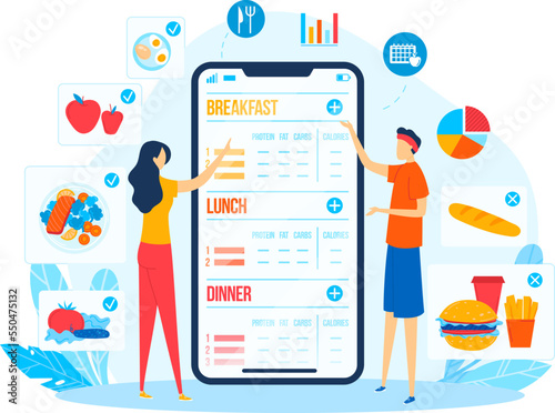 Healthy nutrition smartphone app, man woman use mobile food app, vector illustration. People character with online application