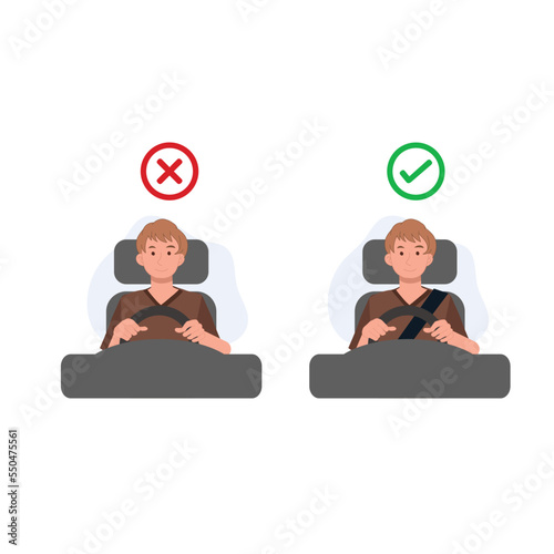 Do's and dont's. Safety driving rules concept, Wear seatbelts while driving. man is driving a car. Flat vector cartoon illustration