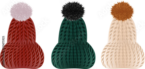 Set of knitted hats with pom-poms