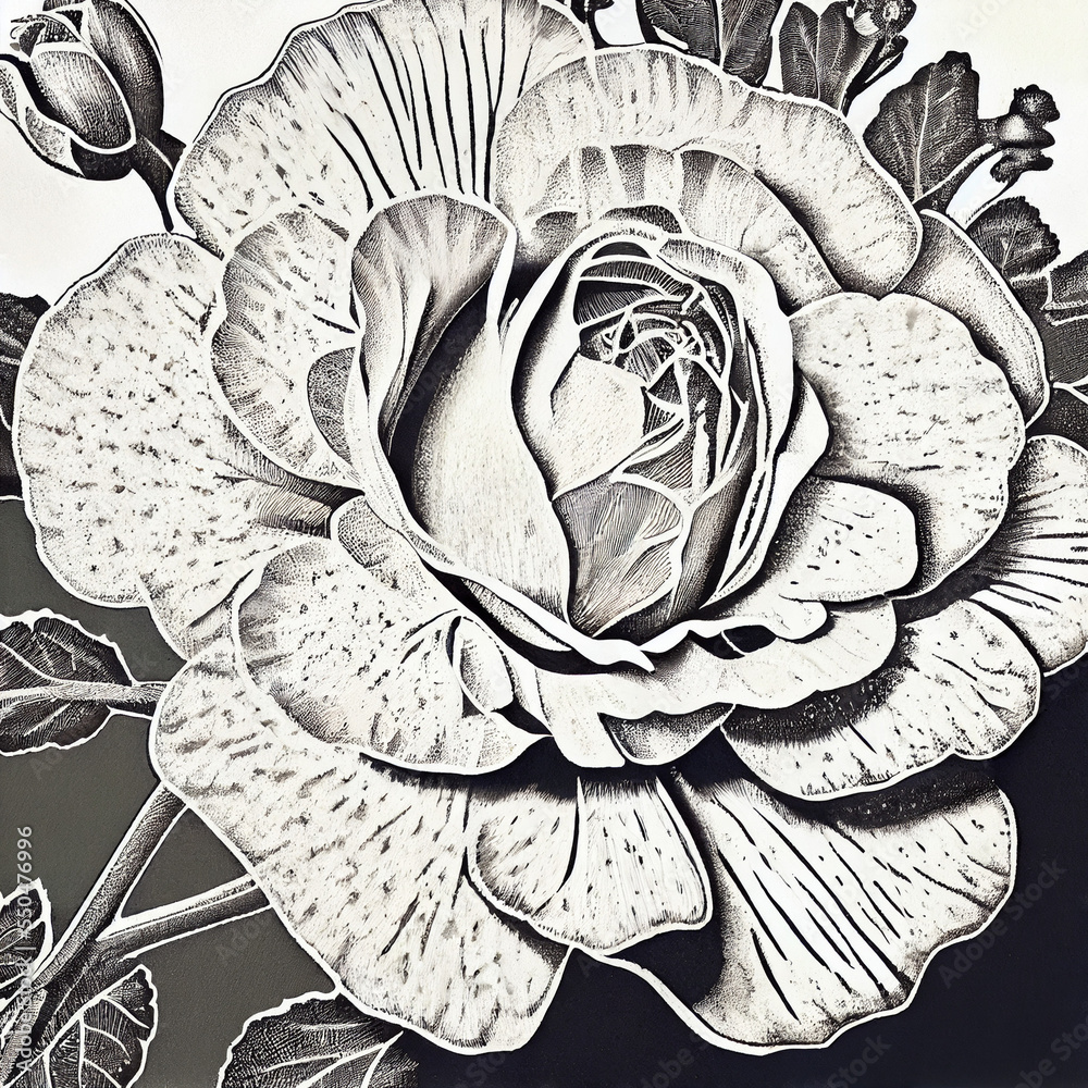 Fototapeta premium Lino cut Black and White Flowers Graphic design Ink illustration Grey scale hydrangea with Leafs and Forest