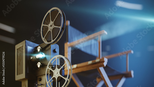 film projector and film director's chair in dark place, 3d rendering photo