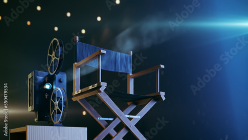 movie projector and movie director's chair in dark place, 3d rendering photo
