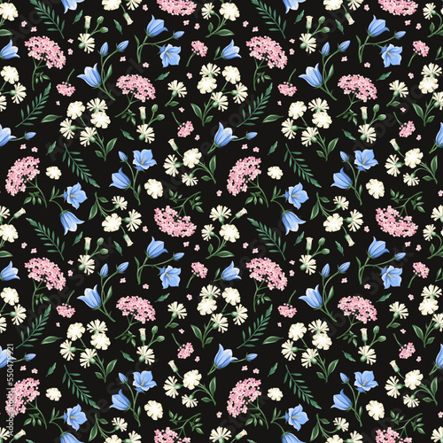 Floral seamless pattern with pink, white, and blue flowers on a black background. Vector print design