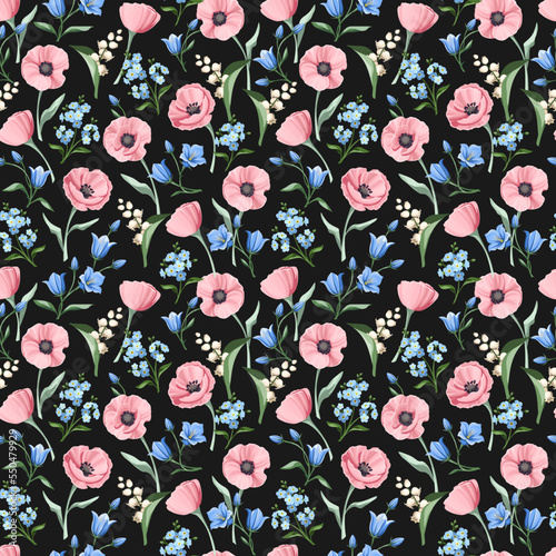 Seamless pattern with pink, white, and blue poppies, bluebells, forget-me-not, and lily-of-the-valley flowers on a black background. Vector floral print design